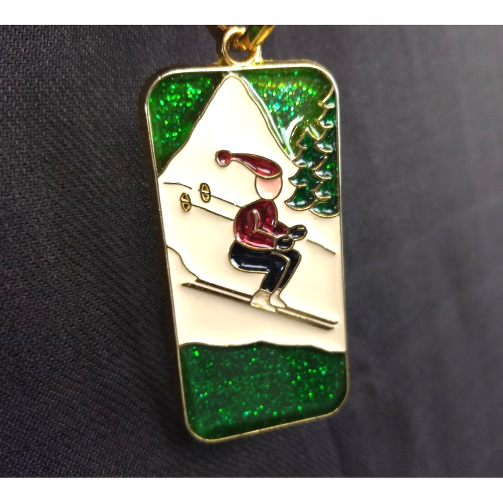 Vtg Downhill Skier Enamel Keychain Green Glitter Suncatcher Gold-Tone Metal 70s